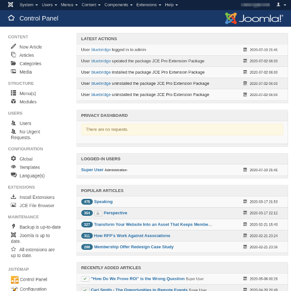 Joomla control panel